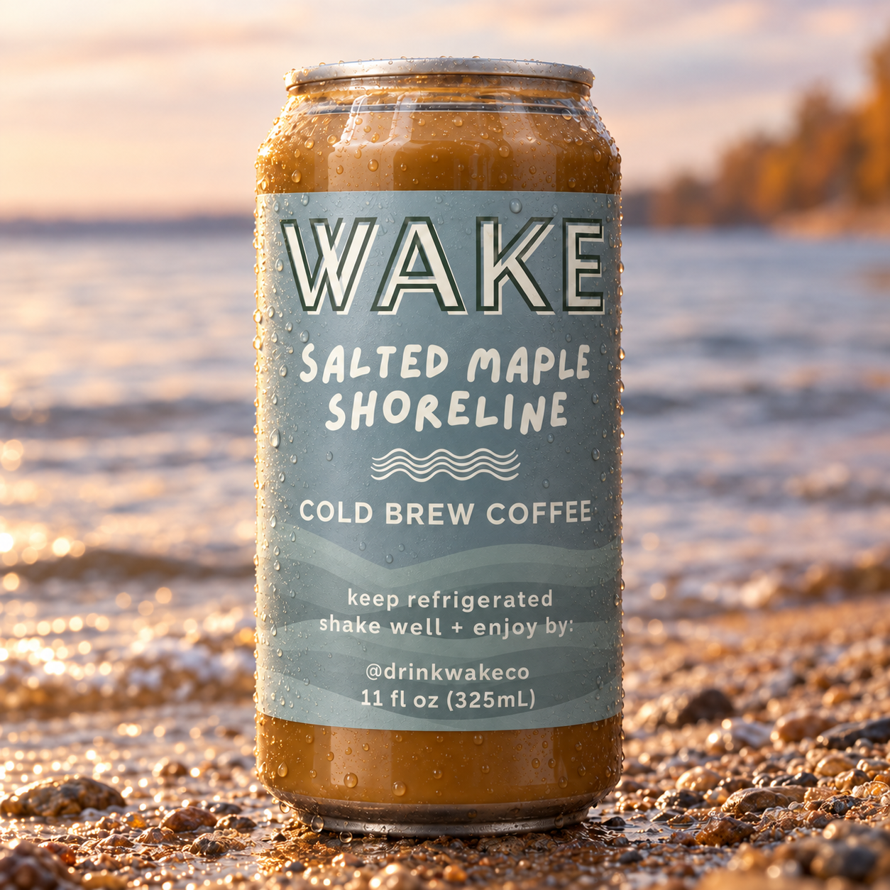 Cold WAKE Salted Maple Shoreline can standing in the Lake Erie surf