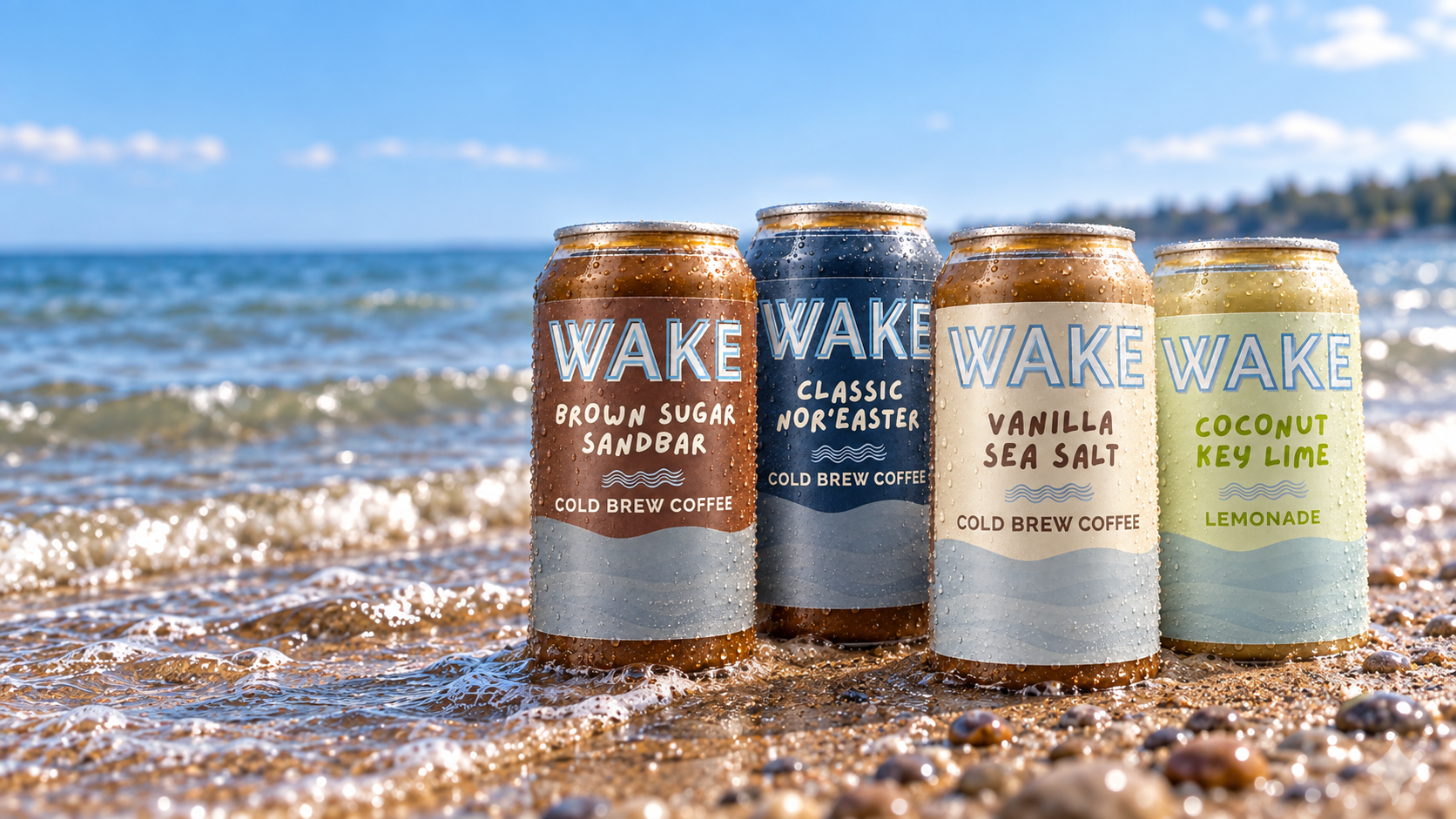 Four WAKE cans standing in shallow surf along a pebbled Lake Erie shoreline