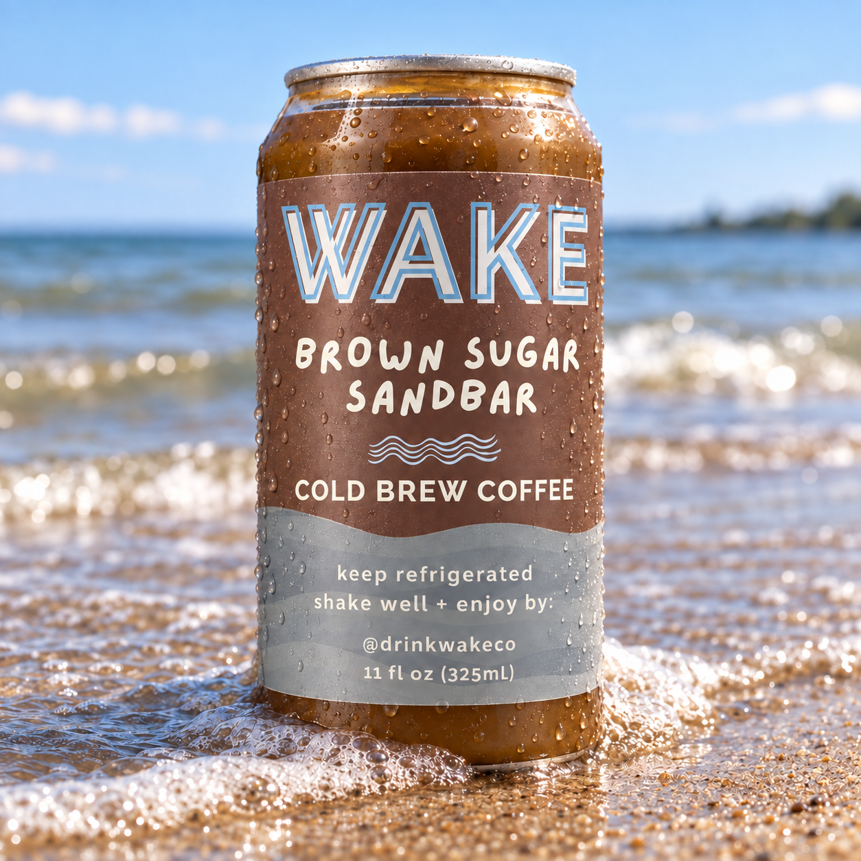 Cold WAKE Brown Sugar Sandbar can standing in the Lake Erie surf