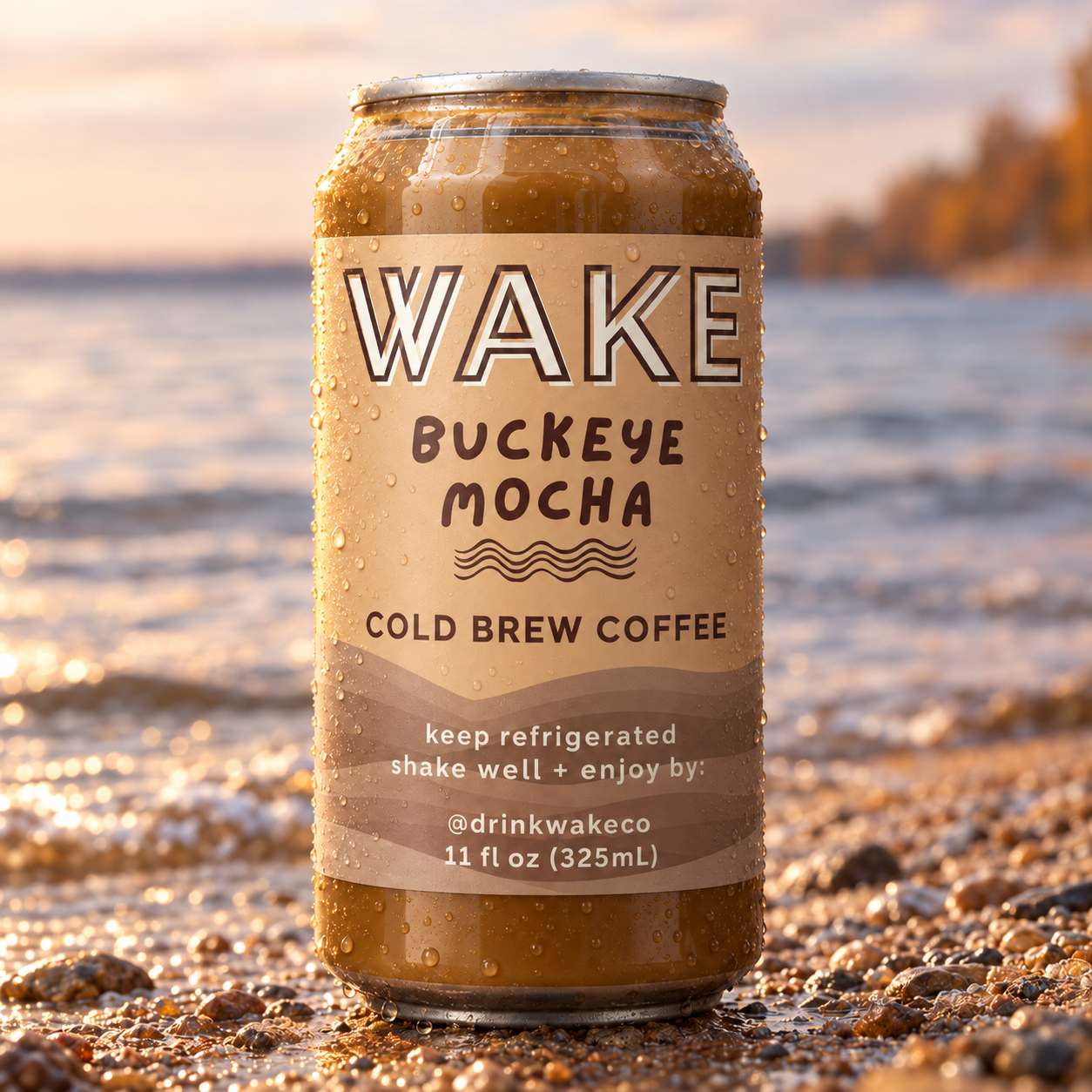 Cold WAKE Buckeye Mocha can standing in the Lake Erie surf